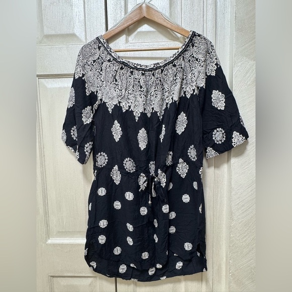 Blue Island Women L Black/White Basic Print Rayon Boho Peasant Cover Up Tunic - Picture 1 of 10
